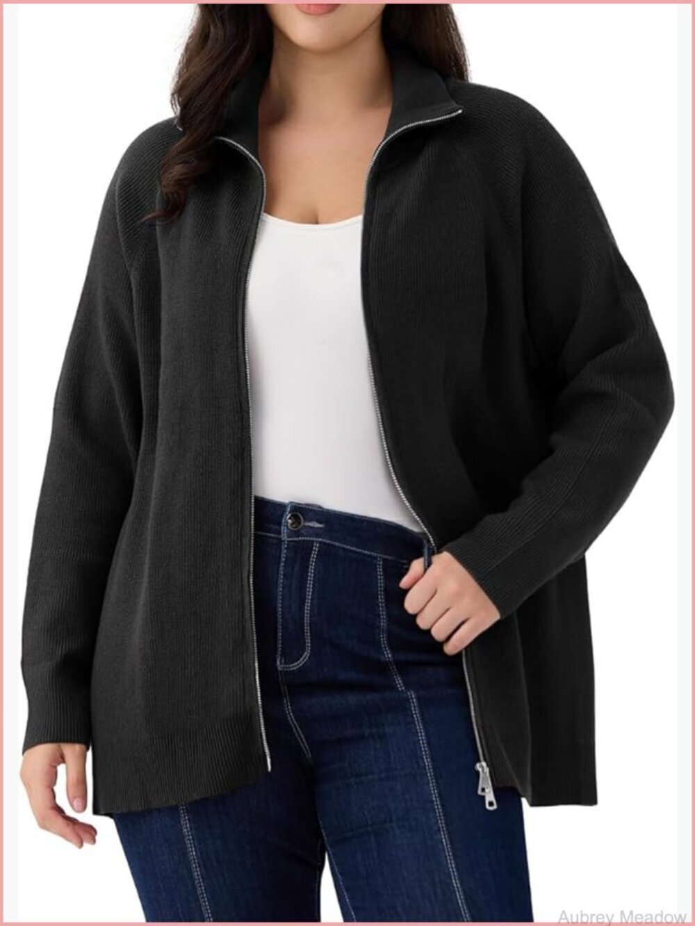 Plus Size Zip Up Knit Cardigan Sweater Oversized Collared Jacket
